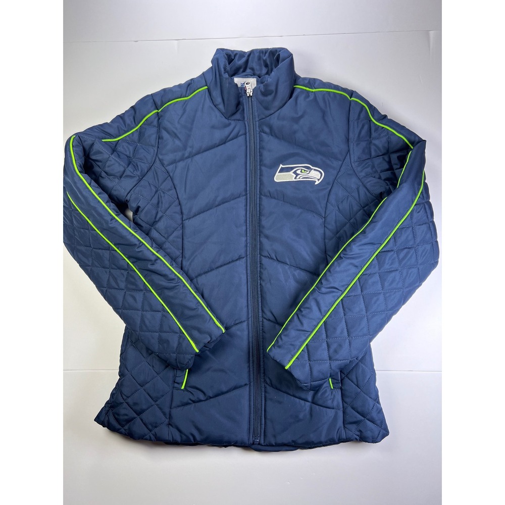 NFL Women's Navy Blue Puffer Jacket with Neon Green Trim
